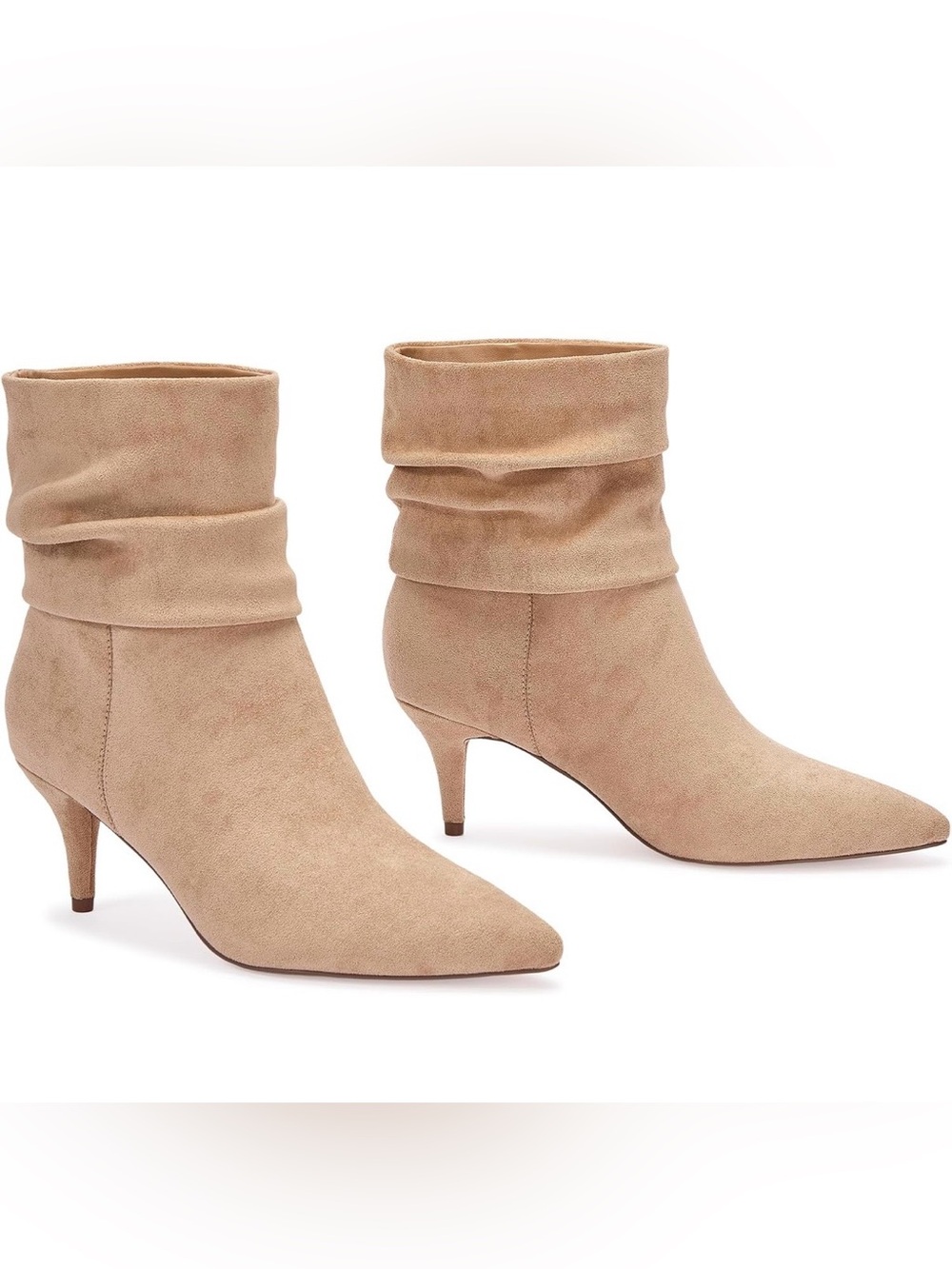 CosyFever Tan Faux Suede Slouch Ankle Boots Size 9 Pointed Toe Heeled NIB